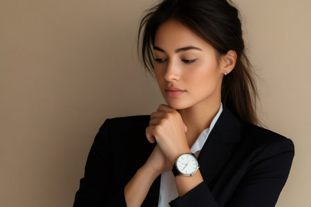Young businesswoman adjusting her wristwatch while posing in a studio with a neutral backgroundの素材