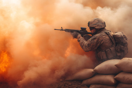 Soldier providing covering fire from behind a sandbag barrier amidst a cloud of orange smoke and fire on a battlefieldの素材