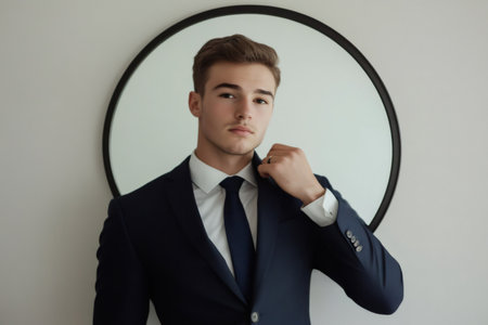 Young professional adjusting his tie with confidence and style, embodying elegance in a modern business environmentの素材