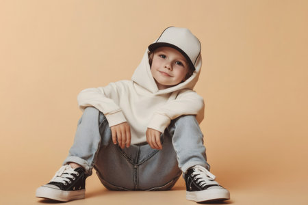 Young boy sitting on floor wearing jeans, hoodie and baseball cap, looking trendy and fashionableの素材