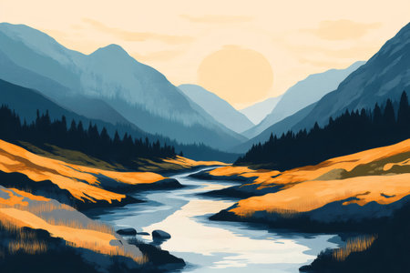 Serene landscape showcasing a river meandering through a mountain valley, bathed in the warm glow of the setting sunの素材