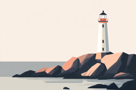 Simplified illustration of a lighthouse on a rocky coast, providing guidance and safety to ships navigating the seaの素材