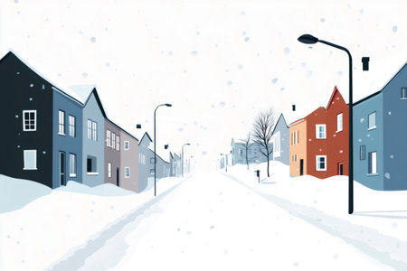 Snow is falling on a quiet residential street with colorful houses and street lamps, creating a peaceful winter sceneの素材