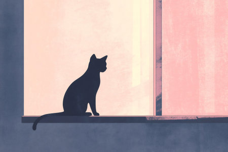 Minimalist illustration of a black cat silhouette sitting on a windowsill, looking out a window with pink and cream colorsの素材