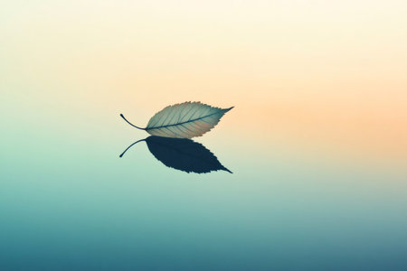 Minimalist artwork featuring two leaves floating on still water, creating a serene reflection against a soft gradient backdropの素材