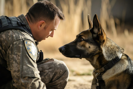Police officer training a German Shepherd police dog in scent detection, highlighting the strong bond between canine and handler in law enforcementの素材