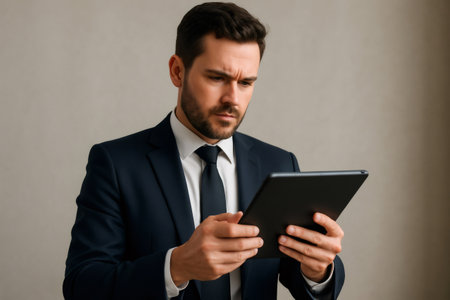Businessman in a suit and tie engaging with a tablet computer, focused on reading news and accessing vital information for workの素材