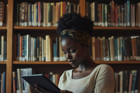 Focused young woman using digital tablet in library, accessing online learning platforms and educational resourcesの素材