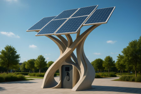 Solar panels integrated into a tree like sculpture powering a charging station, symbolizing sustainable energy and innovative design in a public parkの素材