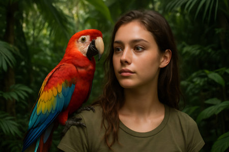 Beautiful scarlet macaw perches on the shoulder of a young woman in a lush tropical forest settingの素材