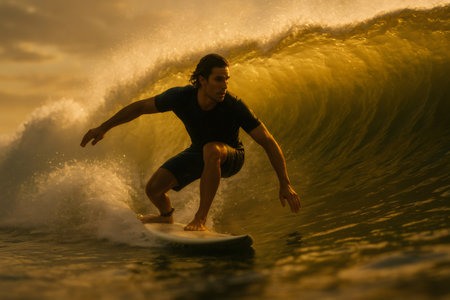 Surfer skillfully riding a massive golden wave at sunset, executing an impressive maneuver against the backdrop of a vibrant oceanの素材