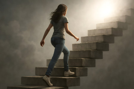 Woman climbing stairs leading to bright light, symbolizing hope, progress, and spiritual ascensionの素材
