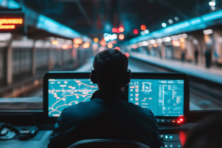 Railway dispatcher wearing headphones and using computer to monitor train location and schedule in modern control centerの素材