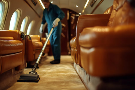 Cleaning staff wearing gloves and vacuuming the plush carpet inside a luxurious private jet cabin, ensuring a pristine travel experienceの素材