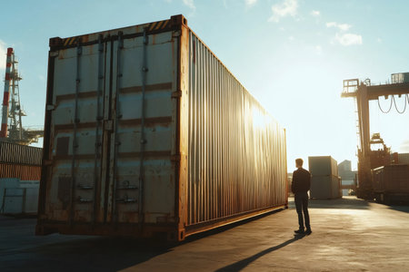 Logistics manager overseeing cargo freight operations at a bustling commercial dock during a stunning sunset, highlighting maritime activitiesの素材