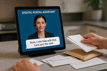 Person sorting mail efficiently while utilizing a digital postal assistant on a computer, enhancing organization and communication in the workspaceの素材