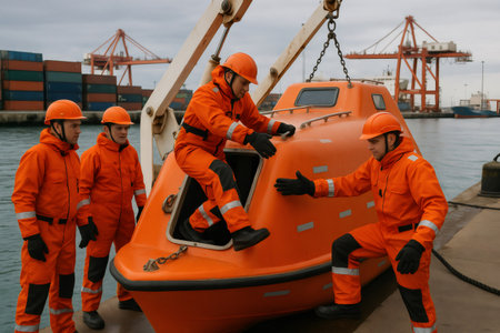 Seamen wearing immersion suits and helmets practicing lifeboat evacuation procedures at a harbor, enhancing maritime safety and preparednessの素材