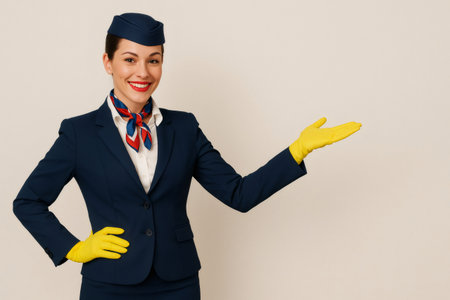 Cheerful stewardess wearing yellow gloves presenting something with her hand and smiling on a light backgroundの素材