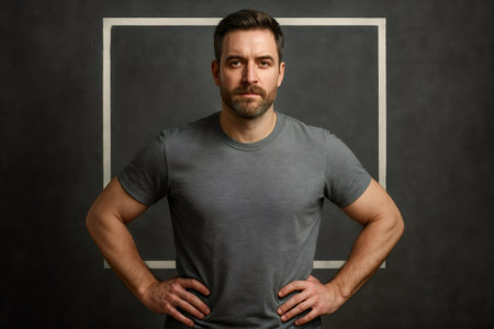 Portrait of a confident teacher standing with hands on his hips in front of a blackboard with a drawn squareの素材