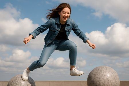 Teenager having fun balancing and jumping between two granite balls in a public space, enjoying a sunny dayの素材