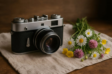 Vintage camera and freshly picked wildflowers creating a nostalgic and charming still life on a wooden tableの素材