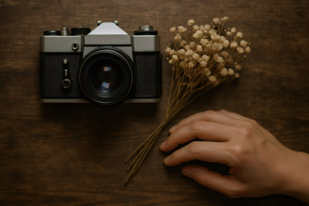 Vintage camera and dried flowers on a wooden table, evoking a sense of nostalgia and timeless beautyの素材