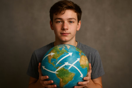 Teenager holding a globe with arrows symbolizing international relations, global trade, travel and environmental awarenessの素材