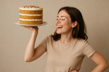 Pastry chef holding a cake on one hand, eyes closed and smiling, showcasing pride and satisfaction in her workの素材