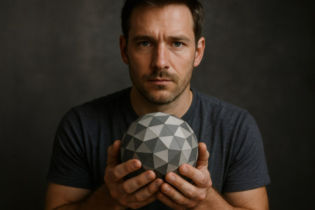 Designer showcasing a unique geometric sphere, embodying innovation and modern design against a dark backdropの素材