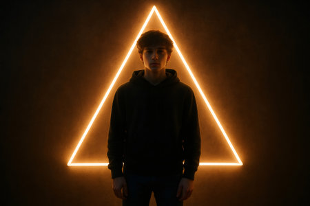 Model posing in front of a glowing triangle illuminating a dark background, creating a dramatic and mysterious atmosphereの素材