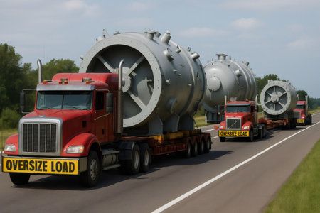Heavy duty trucks hauling large industrial components along a highway, demonstrating logistics and heavy cargo transportationの素材