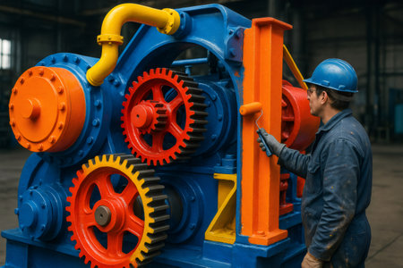 Factory worker wearing uniform and hardhat painting large machinery using vibrant colors with paint roller in industrial settingの素材