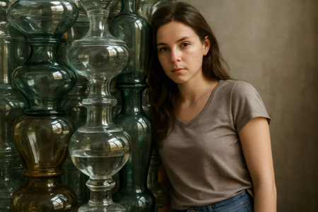 Young woman with long brown hair leaning against a wall decorated with an art installation made of empty glass bottles and vasesの素材