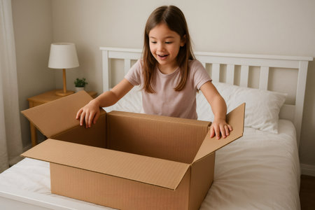 Excited child opening a large cardboard box while sitting on a bed in a bedroom, experiencing the joy of receiving a packageの素材