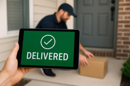 Courier placing package on doorstep and showing delivered notification on tablet, confirming successful deliveryの素材