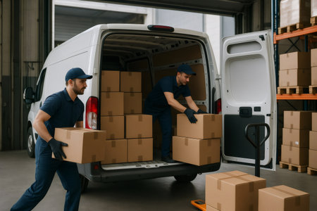 Two delivery men loading cardboard boxes into a white van while working inside a spacious warehouse, managing logistics and transport tasksの素材