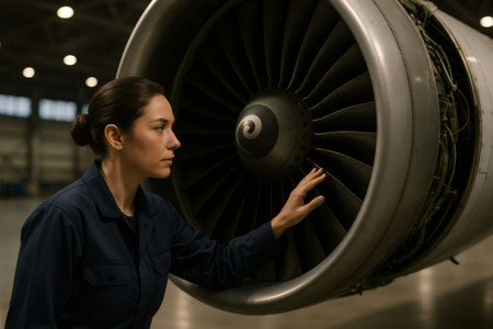 Focused female aviation mechanic examining turbofan engine of passenger airplane during maintenance check in hangarの素材