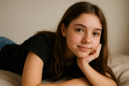 Serene teenage girl lying on bed, resting her head on her hand, enjoying a moment of quiet contemplationの素材
