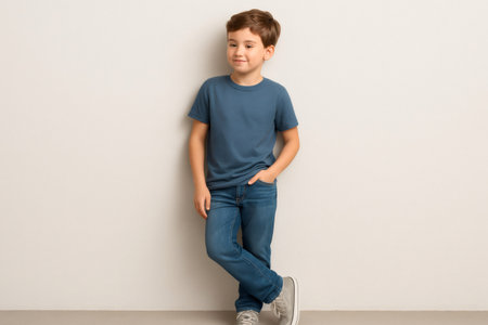 Child with brown hair and blue t shirt leaning against a white wall with one hand in his pocket and legs crossedの素材
