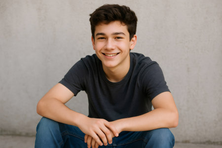 Portrait of a cheerful teen boy sitting with his hands on his knees and smiling against a gray wall backgroundの素材
