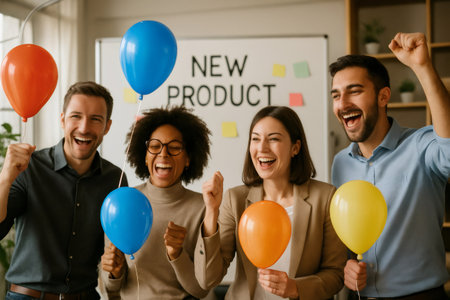 Joyful marketing team celebrating successful new product launch with colorful balloons and excited expressionsの素材