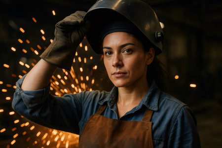 Confident female welder adjusting her protective helmet in a workshop, with sparks flying in the background, showcasing expertise and empowerment in a traditionally male dominated fieldの素材