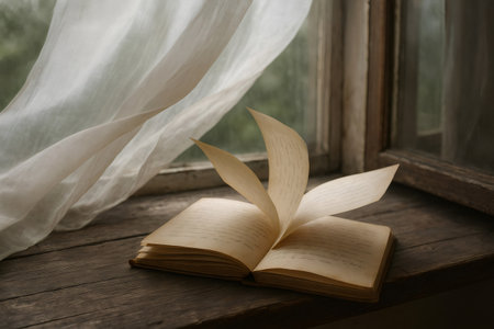 Wind blowing through open window flipping pages of old book laying on rustic wooden window sill, creating nostalgic and peaceful atmosphereの素材