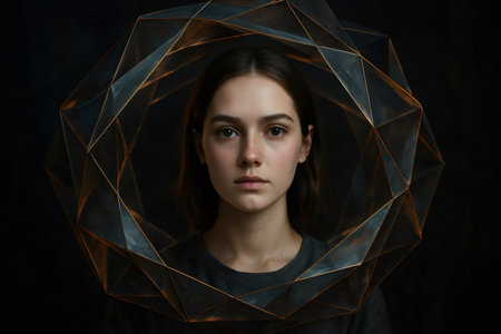 Studio portrait of a young woman with a geometric polygon light halo surrounding her head, creating a futuristic and artistic atmosphereの素材