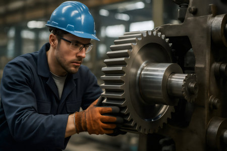Industrial worker wearing safety glasses and gloves carefully checks gear alignment in factory machinery, ensuring smooth operationの素材