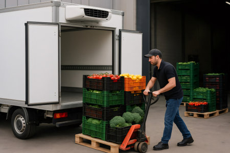 Warehouse worker transporting crates of fresh fruits and vegetables using a manual pallet jack, loading them into a refrigerated truck for deliveryの素材