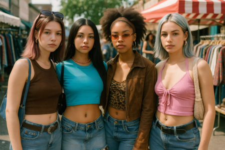 Four young women wearing vibrant crop tops and stylish jeans are posing together, enjoying the lively atmosphere of a bustling street marketの素材