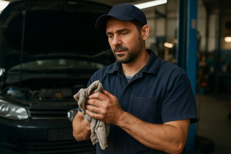 Car mechanic cleaning his hands with a rag after working on a vehicle in a professional auto repair shopの素材