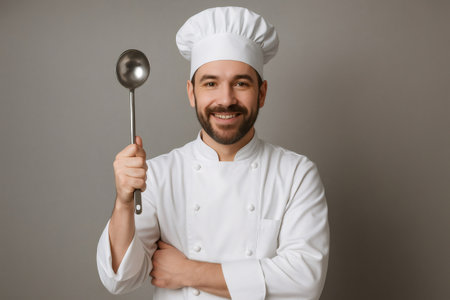 Portrait of a smiling chef holding a ladle with crossed arms, representing cooking, food service, and culinary expertiseの素材