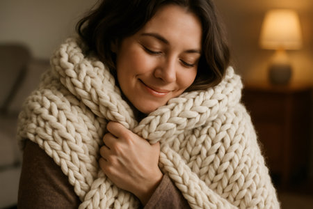 Smiling woman enjoying warmth and comfort, wrapped in a soft, oversized handmade knitted blanket, creating a cozy atmosphere at homeの素材